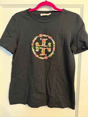 NWOT Tory Burch Sequin Floral Emblem Short-Sleeve Tee - Black